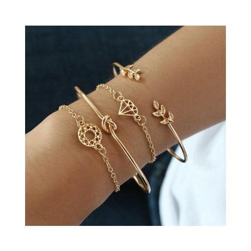 4pcs/lot Diamond Chain Gold Color Leaf Chain Women Bracelet Fashion Bangle For Lovers Holiday Gift