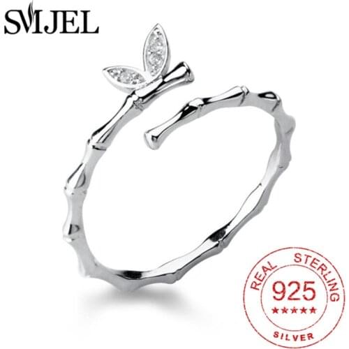 925 Sterling Silver Bamboo Butterfly Ring Joint Inlaid Zircon Minimalist Trendy Open Ring For Women Party Elegant Jewelry