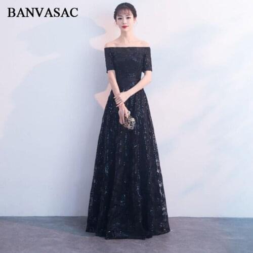 BANVASAC 2018 Boat Neck Sequined A Line Long Evening Dresses Party Lace Short Sleeve Off The Shoulder Prom Gowns