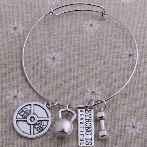 Bespmosp 12pcs/Lot Wholesale Strong Is Beautiful Kettle 45LBS Weight Plate Charm Barbell Bangle Dumbbell Fitness Bodybuilding