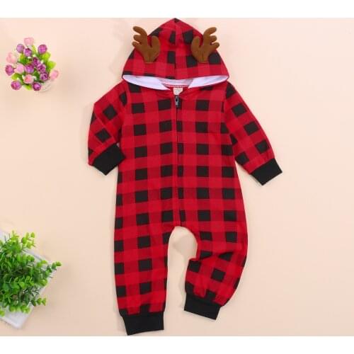 Baby Autumn Antler Plaid Jumpsuit, Plaid Hooded Long-Sleeved Jumpsuit With Zipper Suitable For Toddlers Girls Boys 0-24 Months