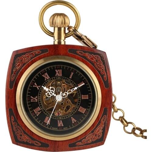 Retro Bronze Square Mahogany Open Face Pocket Watch Steampunk Automatic Self-Wind Women Men Gift Automatic Fob Watches