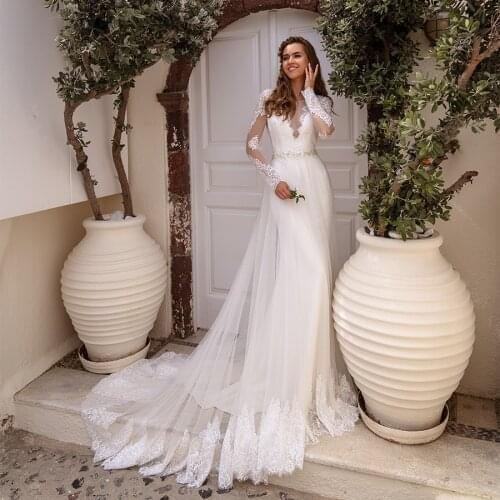 Classic 2020 Wedding Dress Detachable Tulle Skirt Elegant Long Sleeves Lace Bridal Gown Beading Bride Dresses Robe De Mariee