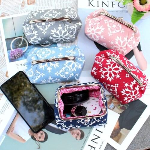National Flower Printing Hasp Coin Purses Cotton Leather Zero Change Wallet Lady Card Holders Key Bag Purse Pendant Pouch