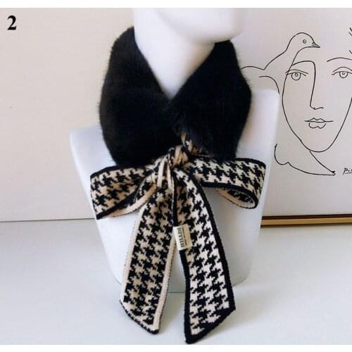 2020 New Knitted Scarf Women Autumn Winter Plush Houndstooth Crochet Foulard Femme Fashion Faux Fur Collar Neck Warmer Scarves