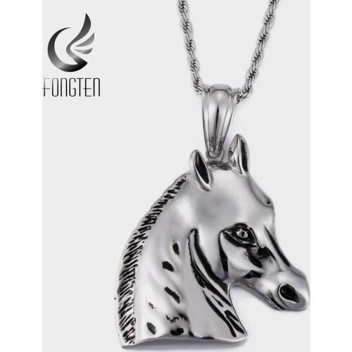 Fongten Retro Animal Horse Pendant Necklace Stainless Steel Gothic Style Long Necklaces Men Fashion Jewelry