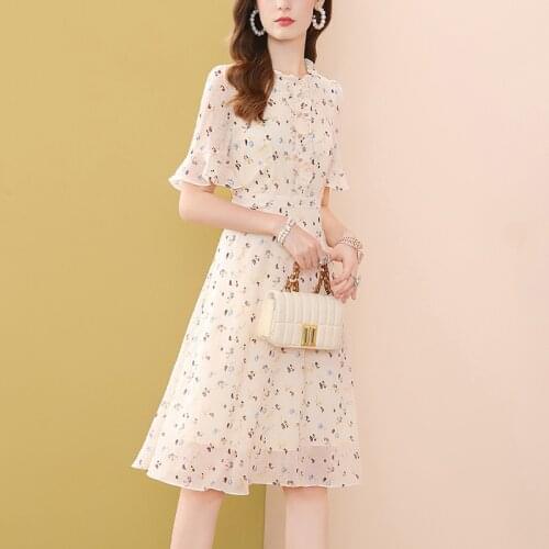 Only Plus Ruffle Floral A Line Party Dress Women O-Neck Sweet Female Summer Short Sleeve Chiffon Vintage Jacquard Dresses 2021