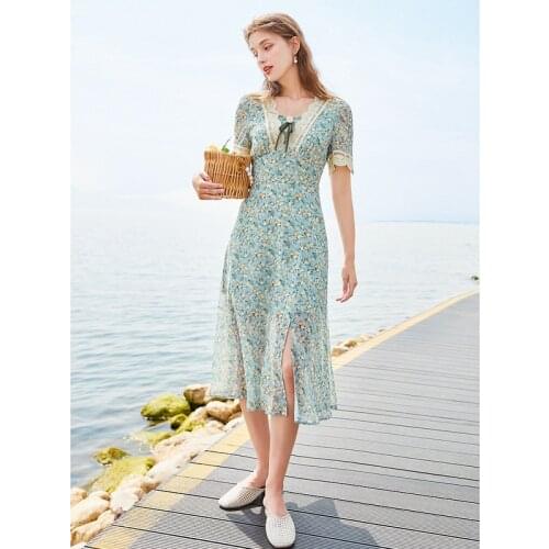 Summer Dress Female Flowers Casual Womens Dresses Bow Lace Split Long Woman Beach Dress Short Sleeve Dresses Summer 2021 Ladies