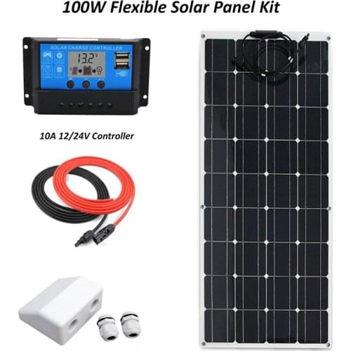 Portable Solar Panel System Flexible 100W plate CELLS Monocrystalline silicon Panels+10A LCD solar controller+cable+cable gland