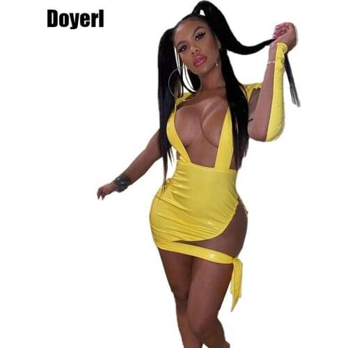 Faux Leather Patchwork Sheer Mesh Sexy Bodycon Dress Women Deep V Neck Long Sleeve Mini Party Club Dress Club Outfits for Women