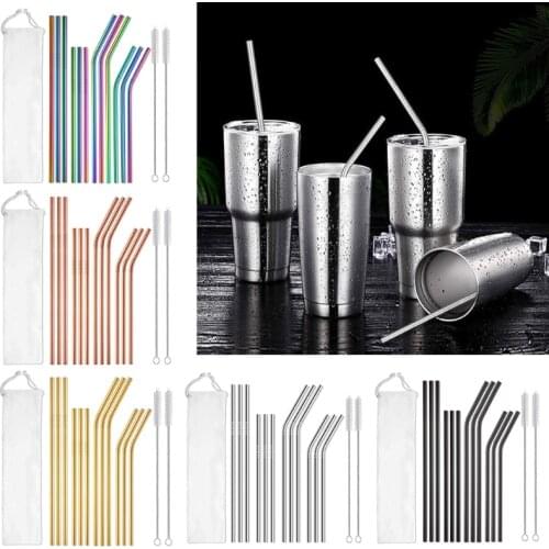 12Pcs Reusable Stainless Steel Straws with Cleaning Brushes Storage Bag Metal Drinking Straw for Tumblers