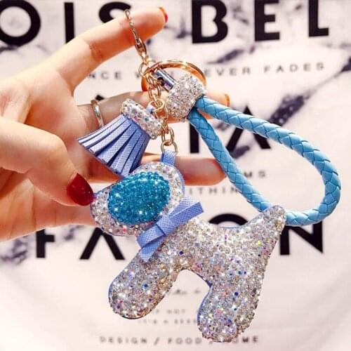 Rhinestone Dog Crystal Keychain Car Leather Tassel KeyChains Keyring Holder Pendant For Women Bag Fine Charm Jewelry Accessories
