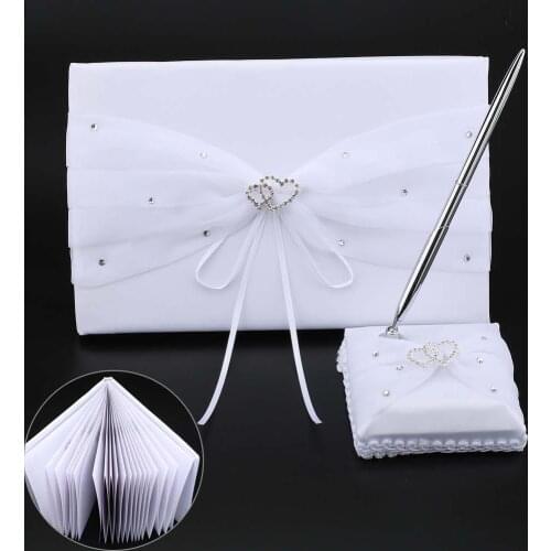 Wedding Signature Guest Books Double Heart Diamante Embellished Satin Event Party Guestbook with Pen Stand Wedding Accessories