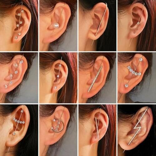 SOHOT Rhinestone Crystal Butterfly Pearl Leaf Lightning Earrings Clip Alloy Inlay Geometry Charming Female Long Stick New Party