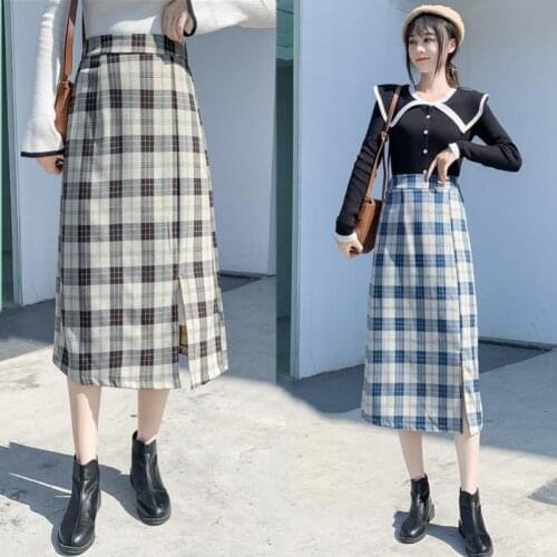 2021 Autumn Winter New Simple Retro Plaid Long Skirt High Waist Slim Casual Split Women A-line Bag Hip Skirt Tide Free Shipping