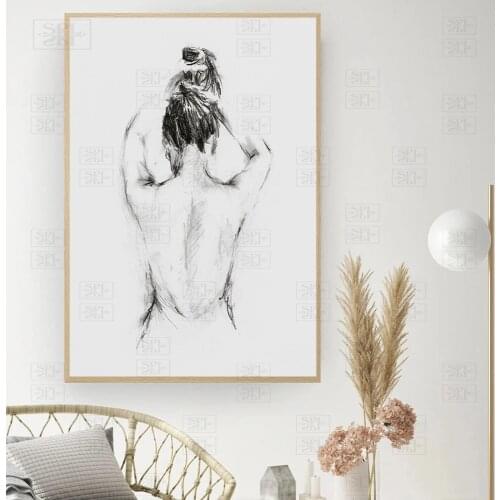 Female Line Drawing Art Canvas Painting Abstract Nude Woman Back Print After Bath Minimalist Poster Bathroom Picture Home Decor