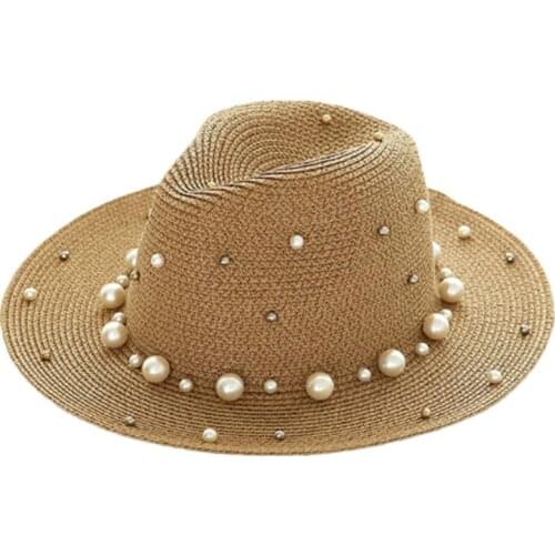 RUHAO New Summer British pearl beading flat brimmed straw hat Shading sun hat Lady beach Cap sun hats for women