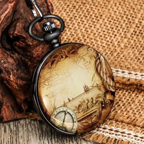 Vintage Compass Pattern Printed Quartz Pocket Watch Black Fob Chain Pendant Pocket Clock Antique Black Pocket Watches