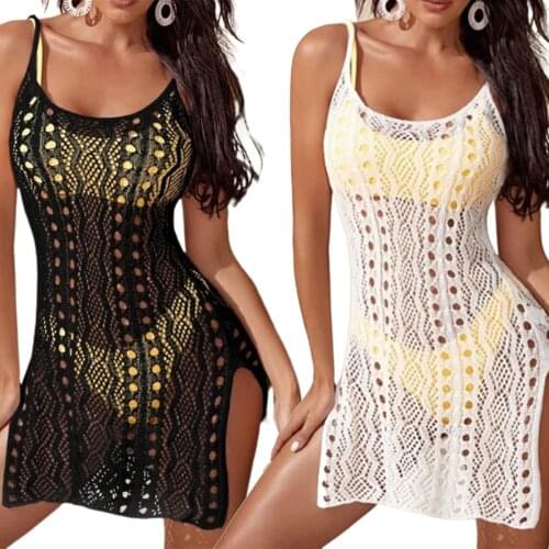 Women Summer Bikini Solid Color Cover Ups Sleeveless Side Split Hollow Out Sling Dress