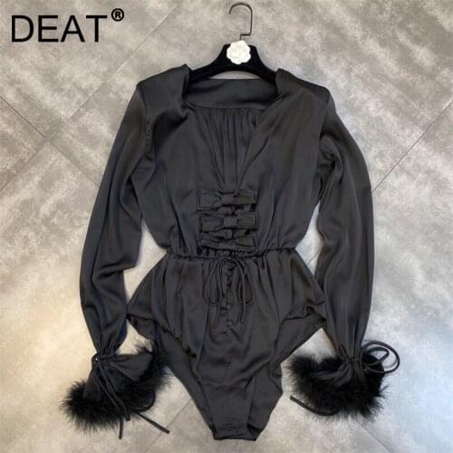 DEAT Women Feather Decoration Bow Sexy Bodysuits New Arrivals Fashion Spring Autumn Bodysuit 2021 11D3189