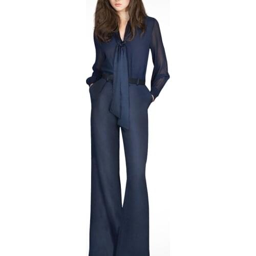 2018 Autumn womens pants set long sleeve bow Blouse Office Lady Bow shirts and wide leg pants suits