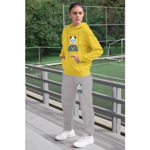 Angemiel Wear Glasses Photo Machine Holidaymaker Panda Women 'S Tracksuit Set Yellow Hooded Sweatshirts Gray Sweatpants