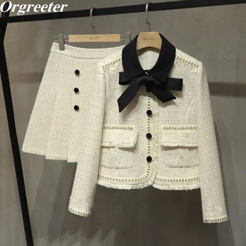 Runway Tweed Woolen Skirt Suits Fall Winter New Lapel Bow Tie-Up Pocket Short Jacket Coat +Pleated Mini Skirt 2 piece set Women