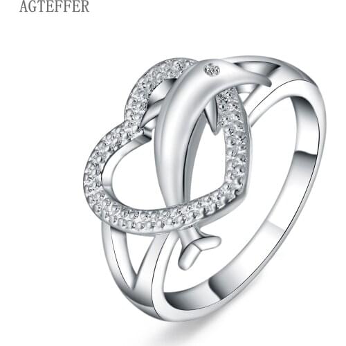 AGTEFFER 925 Sterling Silver Heart-Shaped AAA Zircon Dolphin Ring For Women Fashion Wedding Party Gift Charm Jewelry
