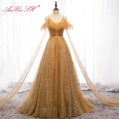 AnXin SH princess golden lace evening dress vintage party spaghetti strap sleeve ruffles beading crystal bride evening dress