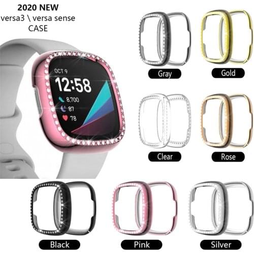 Frame hard pc Case for Fitbit versa 3 / Sense Diamond Watch cases Cover Screen Protector Bumper Women Bling Protective Shell
