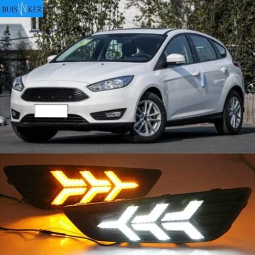 2PCS LED Daytime Running Light For Ford Focus 3 MK3 2015 2016 2017 2018 Yellow Turn Signal Function Waterproof 12V Car DRL Lamp