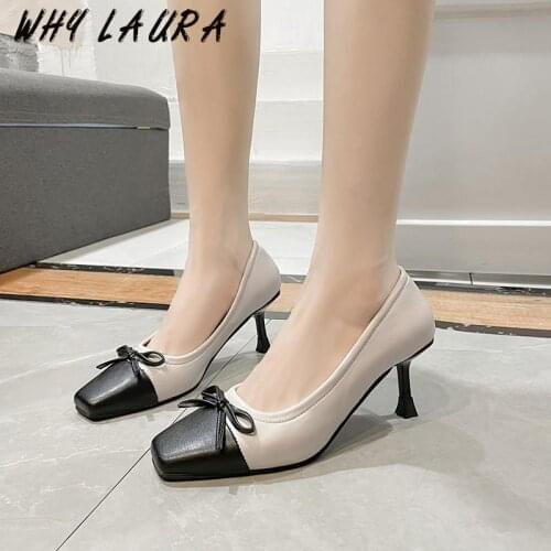 2021 Spring Fall Fashion Womens High Heels Womens Leather Square Toes Recreational Womens High Heels Bow Knot Womens High He