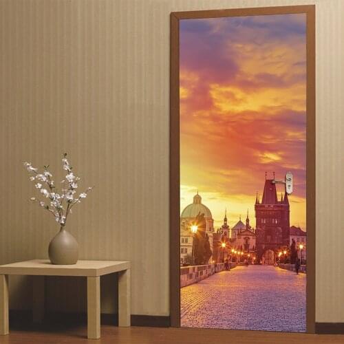 3D Door Sticker wallpaper Prague Square Bell Tower Decorative Wall Stickers for Living Room Self-adhesive Wall Home Decoration