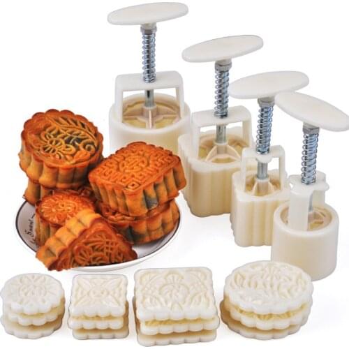 4pcs/lot Moon Cake Mold maker Hand Pressure With Mooncake 12 Pieces Flowers Round Motifs Chinese Characters stamps DIY Tool