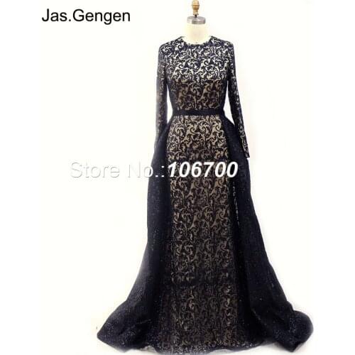 Detachable Tail Formal Long robe de soiree Evening Dresses O Neck Long Sleeves Glitter Fabric Prom Gowns vestido de festa longo