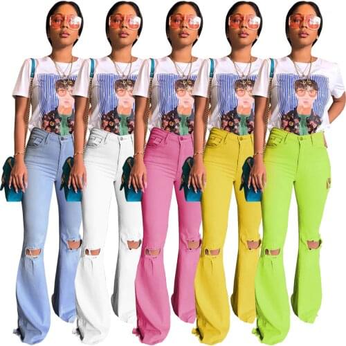 Super Stretchy Jeans Spring Summer Full Length MID HOLE Ripped Flare Pants Skinny Office Lady Ripped Jeans for Women
