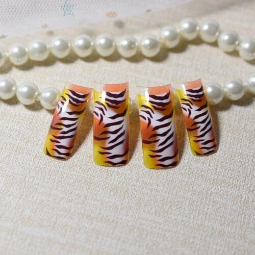 24pcs French Half False Nails Square Flat Top Tiger Pattern Glitter Fake Nails Tips Manicure Artificial Salon Party Wear Nails