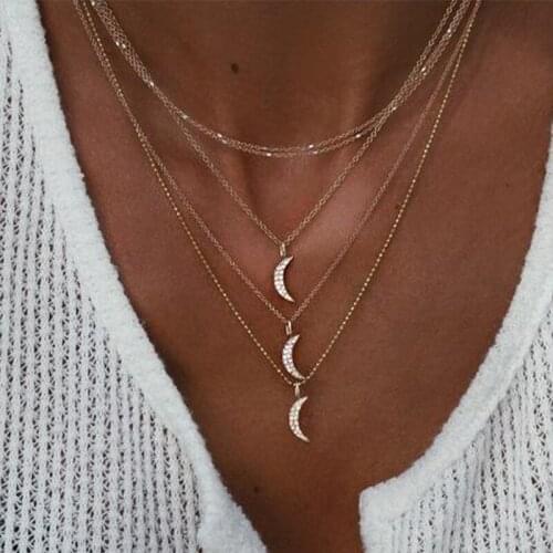 Creative Three Crescent Moon Rhinestone Necklace Gold Multi Layer Pendant Long Chain Accessories Fashion Womens Party Jewelry