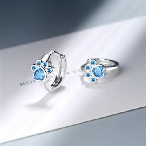 Cute Female Aqua Blue Crystal Earring Charm Silver Color Hoop Earrings For Women Simple Bridal Cat Paw Wedding Earrings