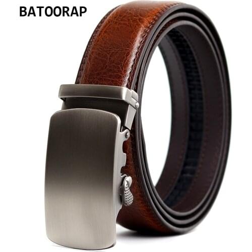 Mens Leather Belt Business Formal Cowhide Ratchet Belt High Quality Gray Metal Automatic Buckle Brown Waist Strap ZY-KQS06