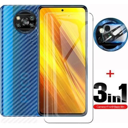 For Xiaomi Poco X3 NFC M3 Pro F3 Soft Back Carbon Fiber Film + Tempered Glass Front Screen Protector And Lens Film