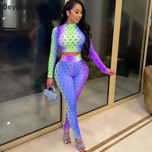 Beyprern New Chic Tie Dye Matching Set Two-Piece Suits Autumn Womens Hollow Out Crop Top And Legging Set Workout Overalls