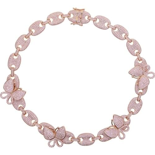Iced out Pink butterfly charm choker necklace micro pave 5A cz coffee beaded chain 15" 16" hip hop necklace for women lady