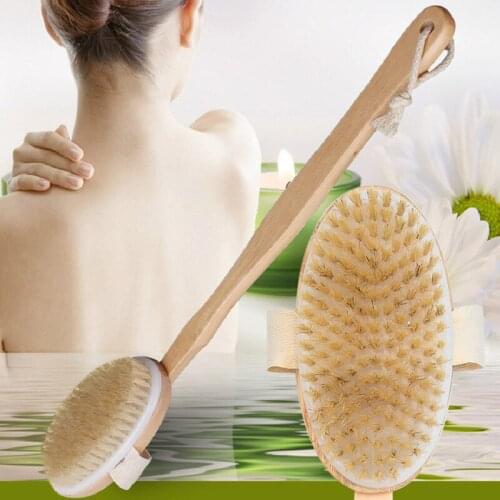 Pumice Dry Massage Natural Bristle Body Back Wash Exfoliating Shower Brush with Handle For Bath Wooden Accessories