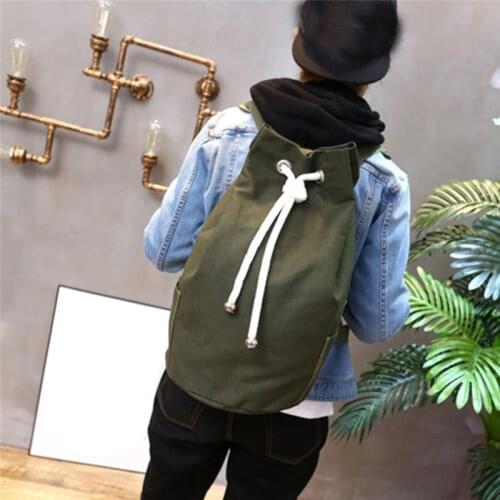 Casual Men Canvas Large Capacity Barrel Backpack Simple Travel Rucksack Army Green Back Pack Teenager School Backpack