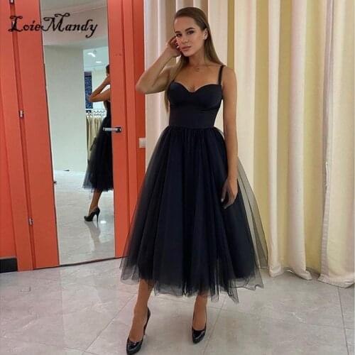 Modern Backless Black Prom Dress 2021 Sexy Tea Length Dresses Woman Party Night Soft Tulle Rochii Vestido de festa
