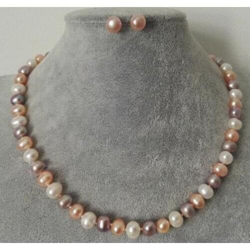 Womens 7-8mm Natura Mixed colors Freshwater Pearl Necklace Earrings Set