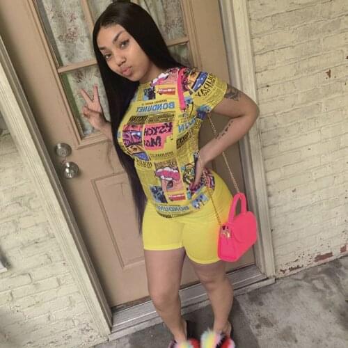 ZOOEFFBB Aesthetic Newspaper Print Two Piece Outfits for Women Clothes Tshirt and Shorts 2021 Summer Lounge Wear Matching Sets