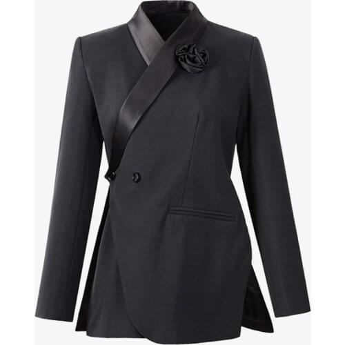 European Three-dimensional handmade rose flower diagonal collar blazer female button side slit irregular dark black suit jacket