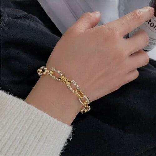 Flashbuy Fashion Design Alloy Metal Rhinestone Thick Chain Bracelet for Women Personality Bracelet Minimalist Jewelry 2021